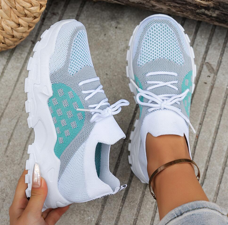 Knit Fabric Lace Up Sneakers - Women's Breathable Knit Mesh Sports Shoes