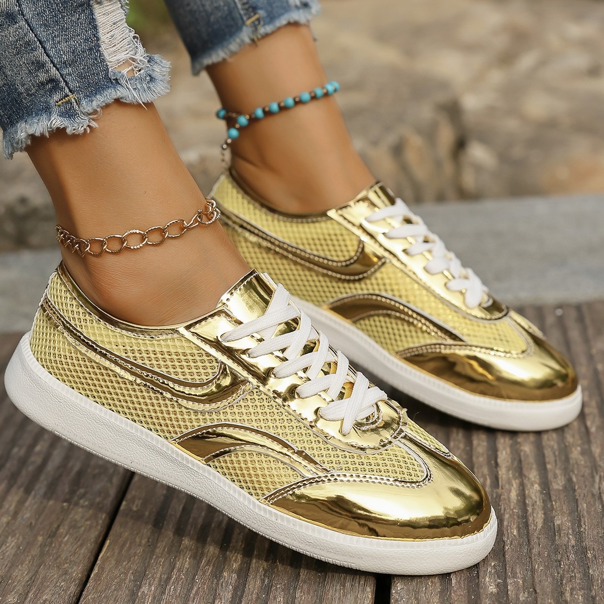 New Women's Sneakers Breathabl - огляд і ціна Knit Fabric Lace Up Sneakers