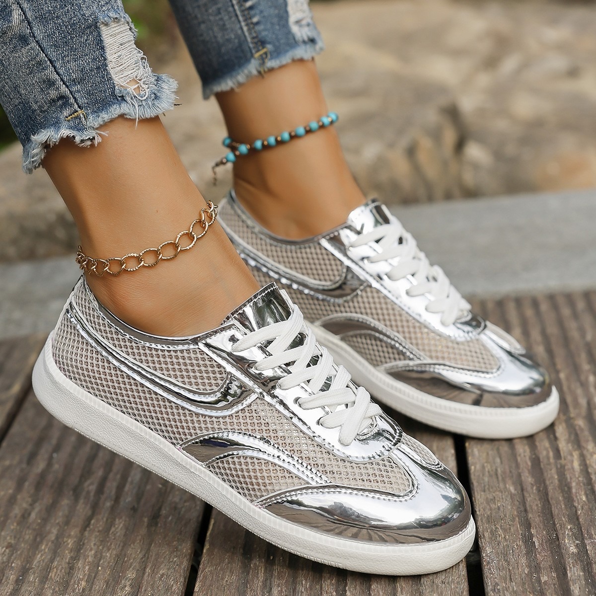 New Women's Sneakers Breathabl - огляд і ціна Knit Fabric Lace Up Sneakers